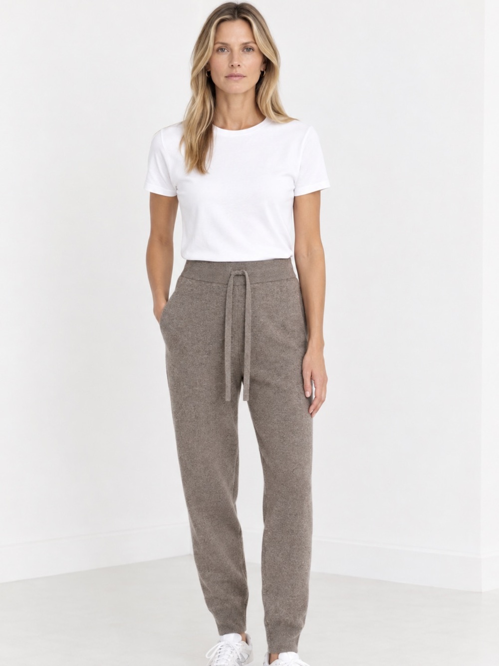 Saks Fifth Avenue 100% Cashmere Knit Jogger Pants Taupe Brown Women’s M NWT
